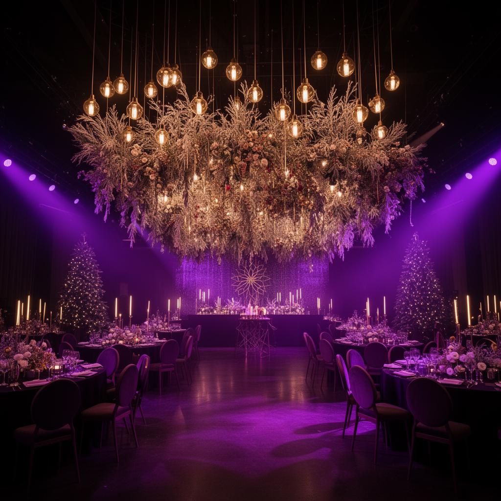Immersive bespoke Christmas event with suspended floral installation and atmospheric lighting
