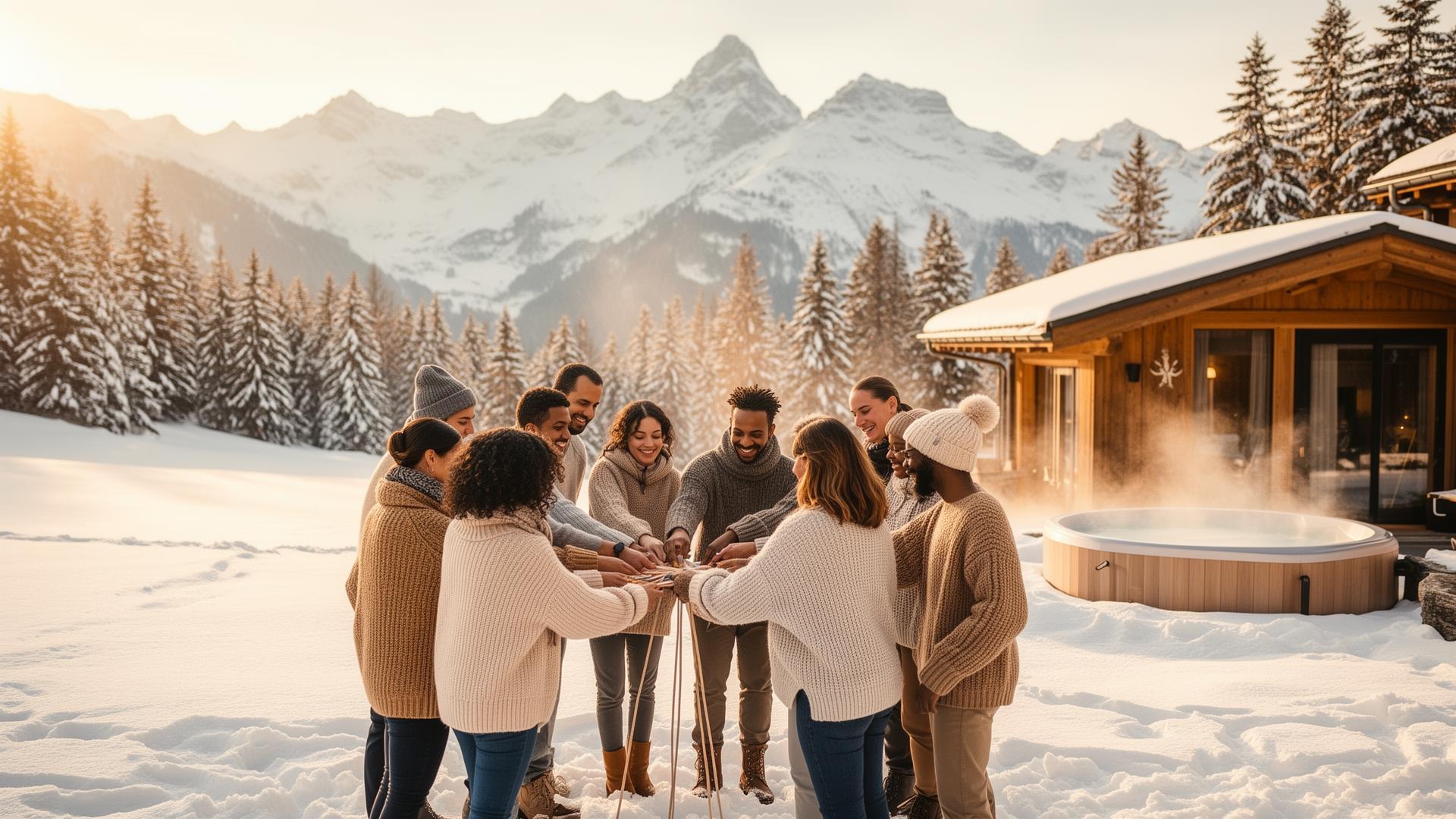 Team of professionals walking towards a boutique countryside hotel retreat at golden hour in winter
