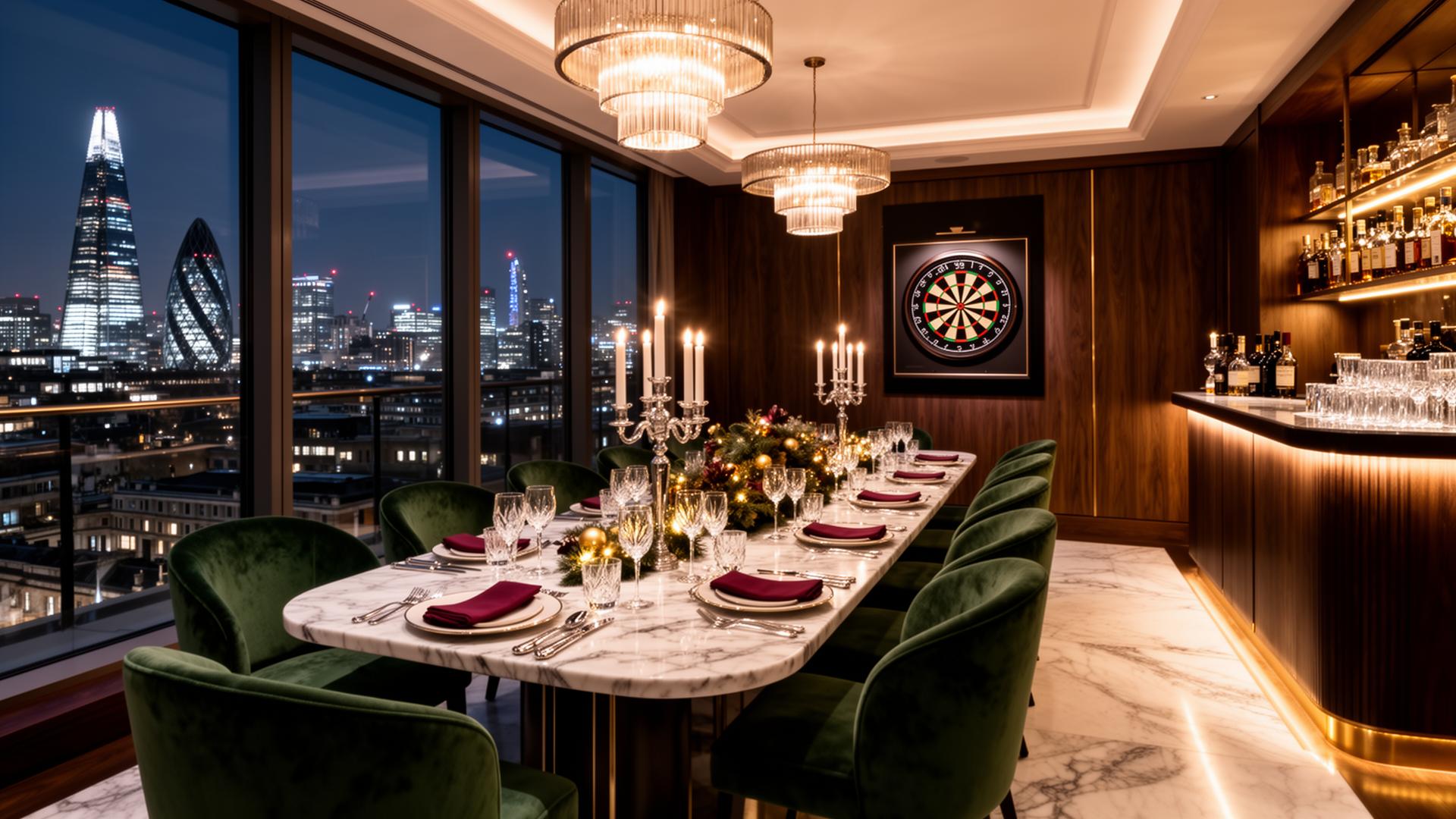 Grand London ballroom dressed for a corporate Christmas dinner with chandeliers and gold tablescapes